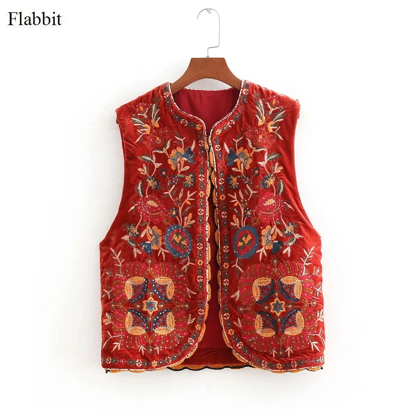 

Flabbit women national style sequins embroidery sleeveless jacket casual lady o neck velvet red coat streetwear loose tops CT013