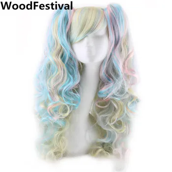 WoodFestival Long Wavy Two claw clip ponytail Cosplay Wig with bangs Synthetic Hair Heat Resistant Wigs For Women charming long black shaggy wavy heat resistant synthetic ponytail for women