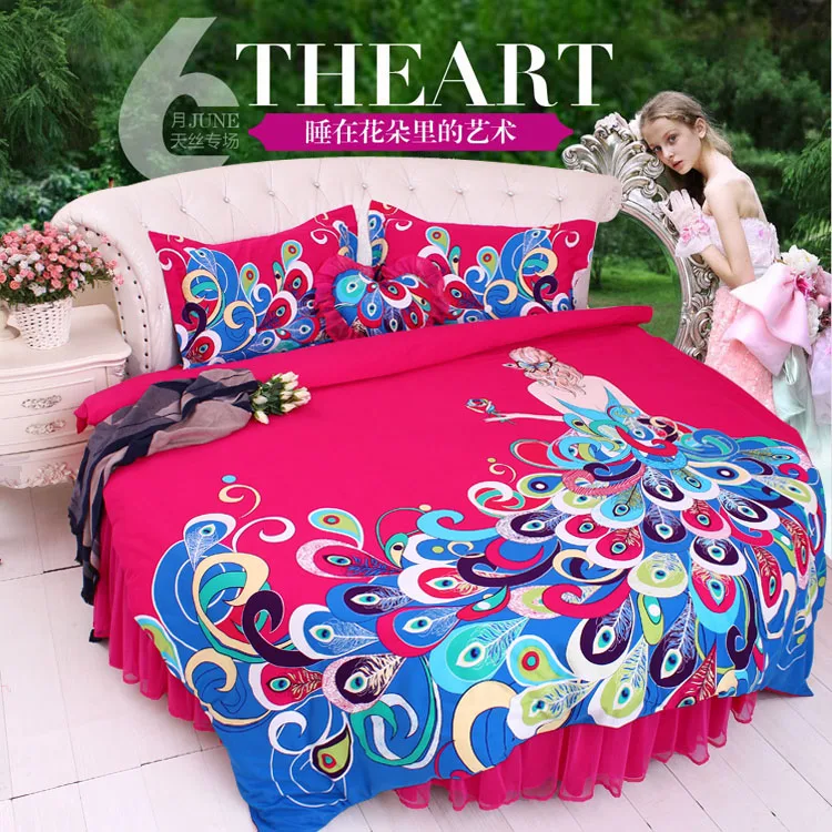 Excellent LACE ROUND Corner Bed Europe Orange color Flower Bedding sets Cotton Round Double Bed sheet Duvet cover Pillow case Bedskirt 64
