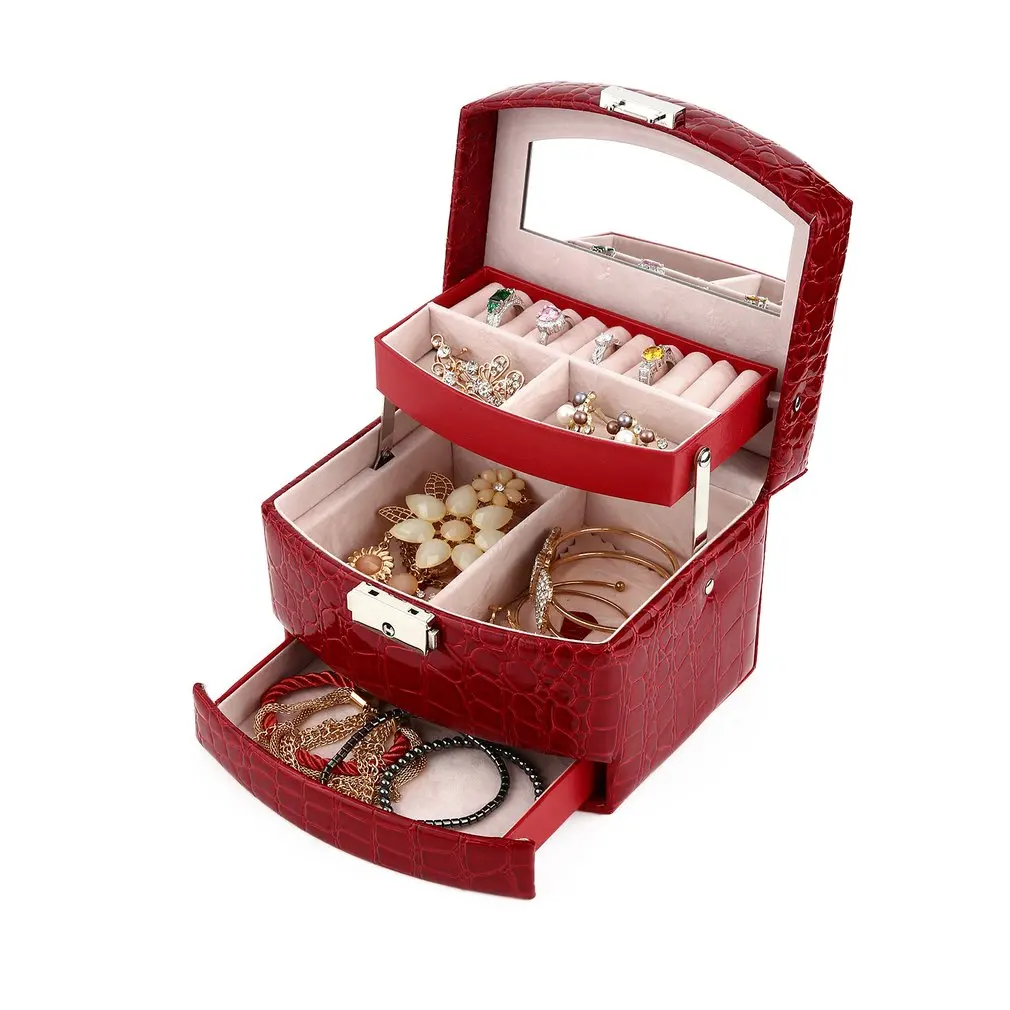

3 Layers Jewelry Display Box Crocodile Grain Leather Metal Automatic Ring Necklace Bracelet Storage Carrying Case Organizer
