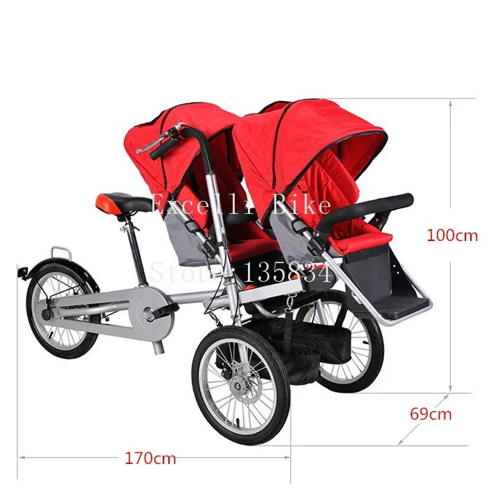 Discount Execelli Folding Mother Bicycle 2 Baby Seats 3 in 1 Mother Bike Baby Strollers Double Seats+ 2 Rain Cover Convertible Pushchair 6