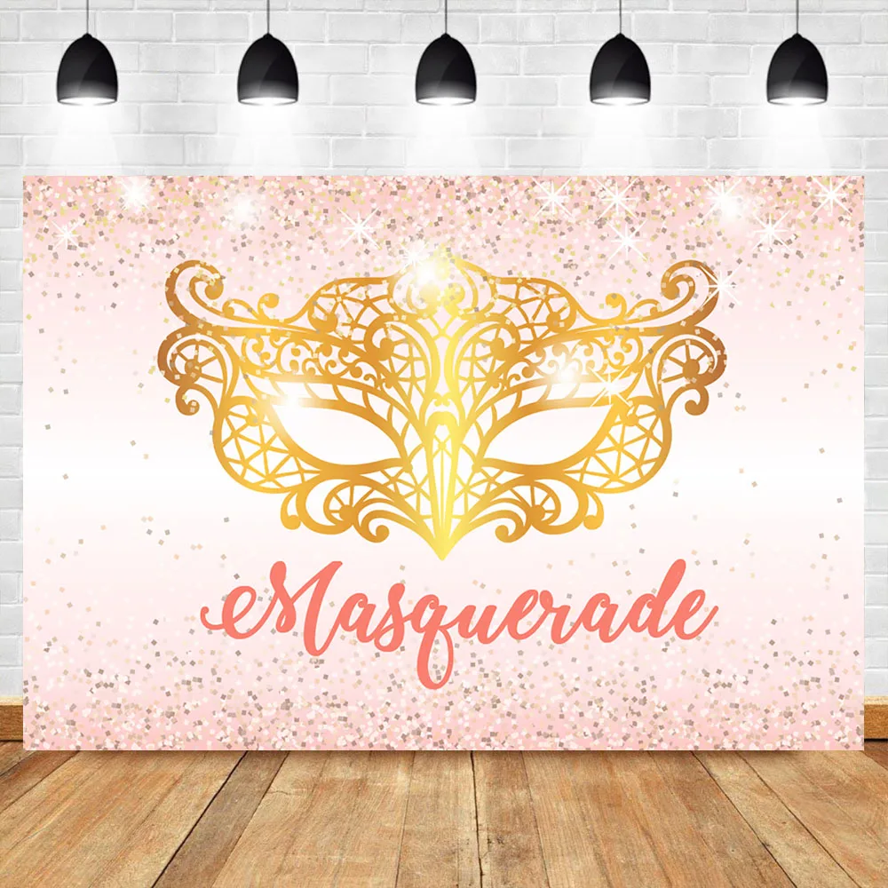 

Neoback Gold Mask Birthday Party photo background Custom Glitter Shiny Light Pink Photography Backdrops For Photo Studio