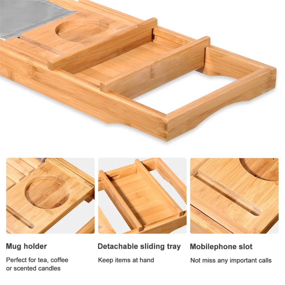 LANGRIA Bamboo BathtubTray Handcrafted Bath Tray Bathroom Shelves bathtub caddy bath caddy Bath Rack Bathroom Storage Stand Tray3