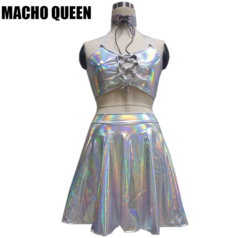 

Holographic Alien Backpack Bag Choker Skirt Festival Rave Wear Clothes Outfits Crop Top And Skirt Set High Waist Skater Skirt