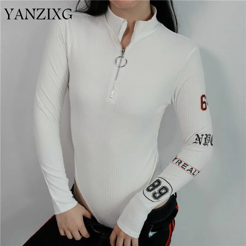 Letter Printed Body Feminino Sexy Long Sleeve Turtleneck 2019 Womens Bodysuits Rompers White Fashion Nova Ladies Romper A440