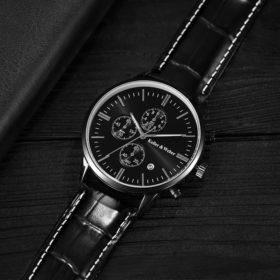 Keller & Weber Mens Watches 30m Waterproof Quartz Business Watches Date Display Genuine Leather Band Relogio Masculino Best Gift (32)