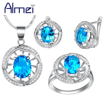 

Almei African Bead Silver Color Red Blue Purple Pink Stone Rhinestone Necklace Earrings Ring Jewelry Sets for Women Wedding T448