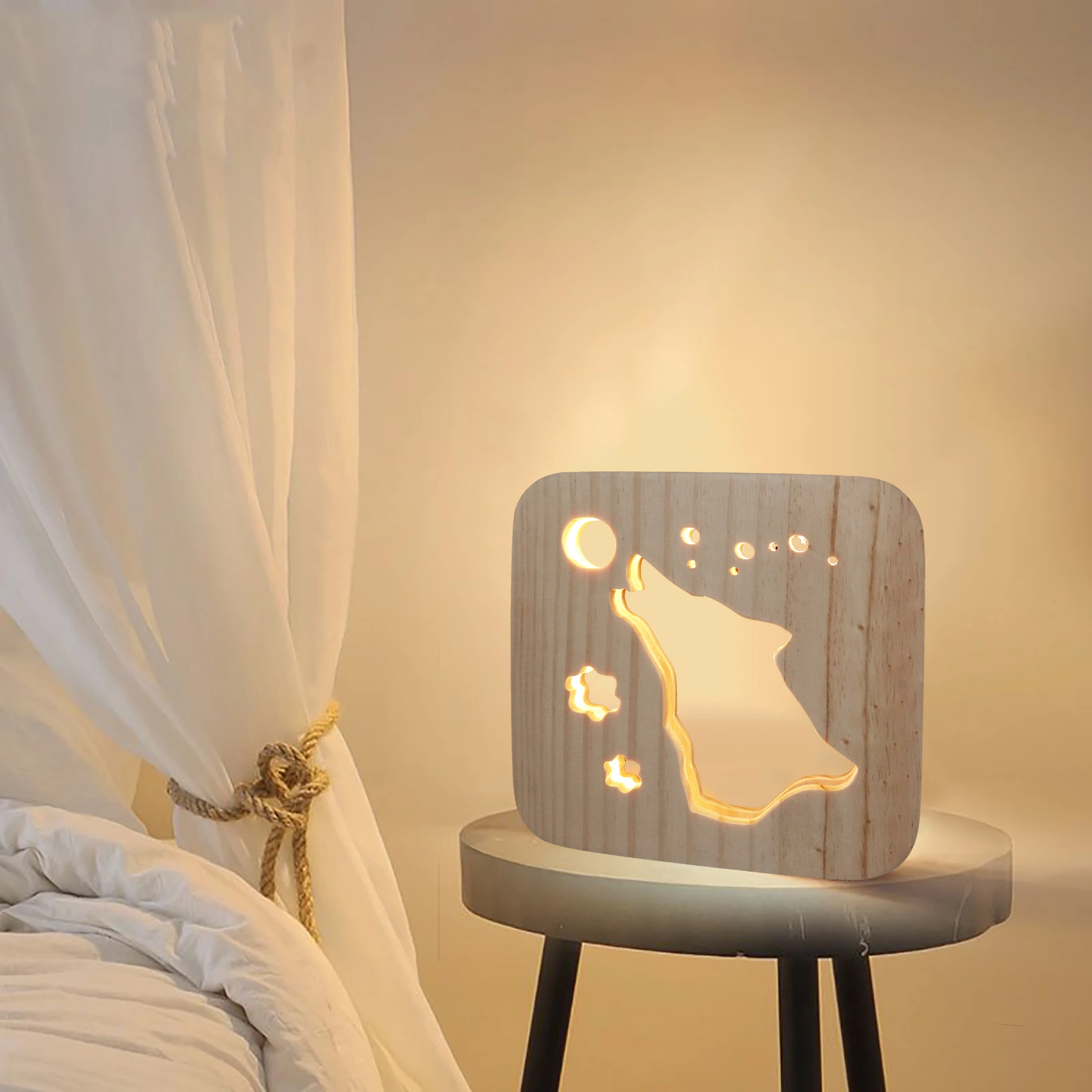 

Miumiu New Wolf howling Craft Atmosphere Lamp Wooden Carved Hollow Night Light USB LED Baby Children Room Desktop Decoration