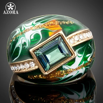 

AZORA Gold Color Green Rectangle Stellux Austrian Crystal Oil Painting Pattern Ring TR0024