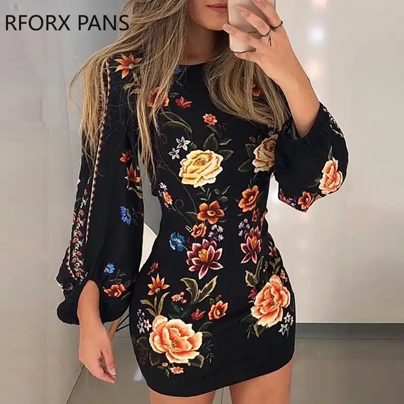 long sleeve floral bodycon dress