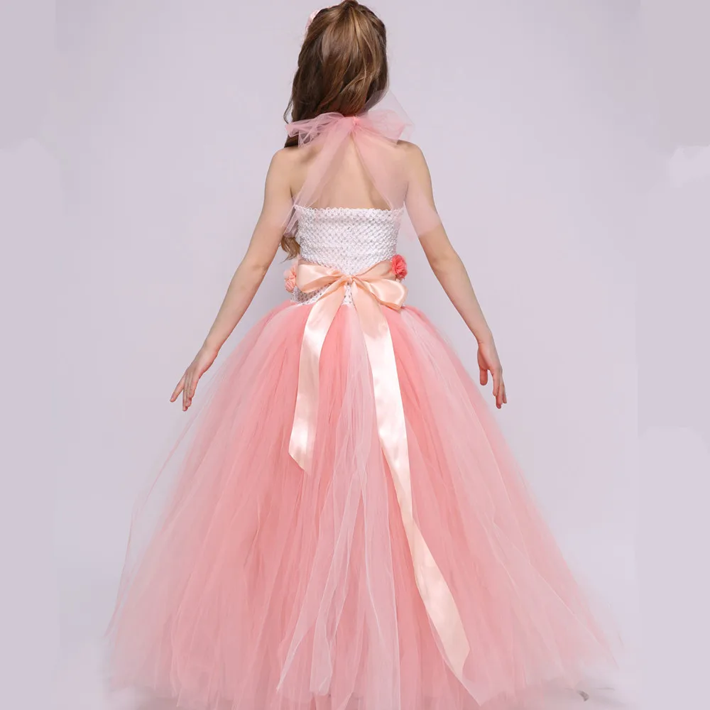 Персиковое платье с цветочным узором для девочек на свадьбу; платье принцессы с фатиновой юбкой-пачкой; элегантное праздничное платье для девочек на День рождения; летняя детская одежда