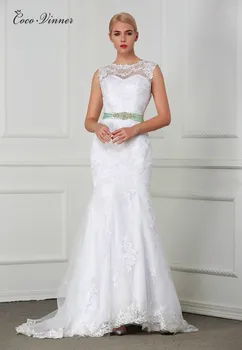 

Sheer Neck Sexy Illusion Back Vintage Mermaid Wedding Dresses Plus Size Embroidery Crystal Belt Mermaid Bride Dresses W0202