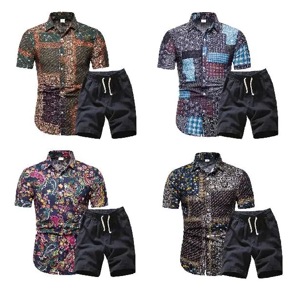

Men Hawaii Holiday Summer Floral Blouse Shirt Top Suit Sets Black Pants 2PC