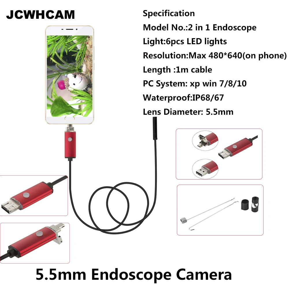 JCWHCAM 1M 5.5mm 2 in 1 Endoscope USB Inspection Camera Waterproof Wire