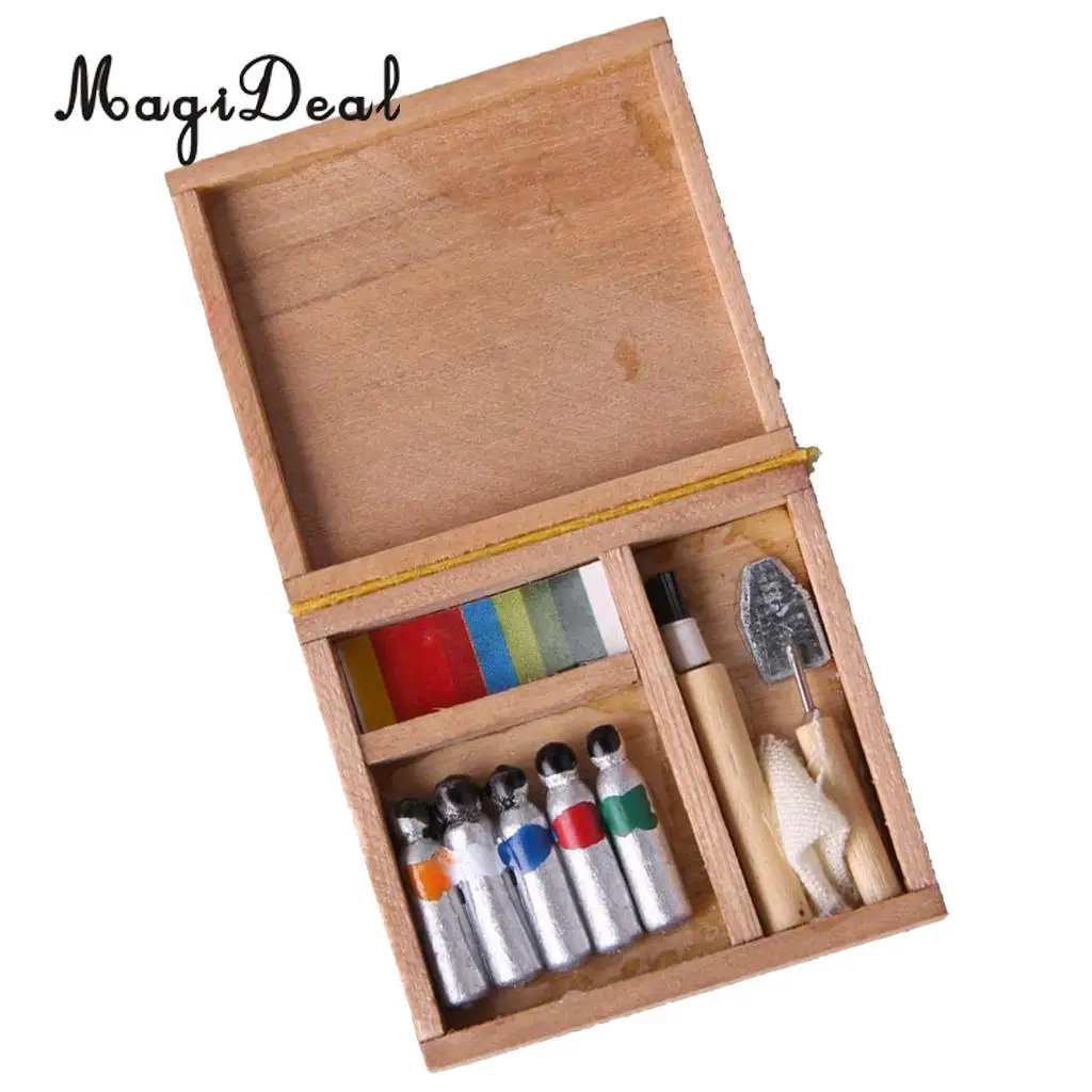MagiDeal Multi-Colored 1/12 Scale Dollhouse Dec Miniatures Mini Wooden Watercolor Paint Tool Set for Kids Drawing Learning Toy