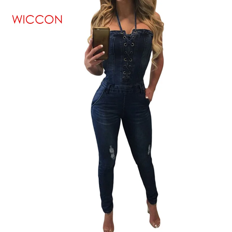 

Denim Overalls Women 2019 Sexy Halter Jeans Jumpsuits Square Neck Sleeveless Playsuits Body For Women Rompers Womens Jumpsuit