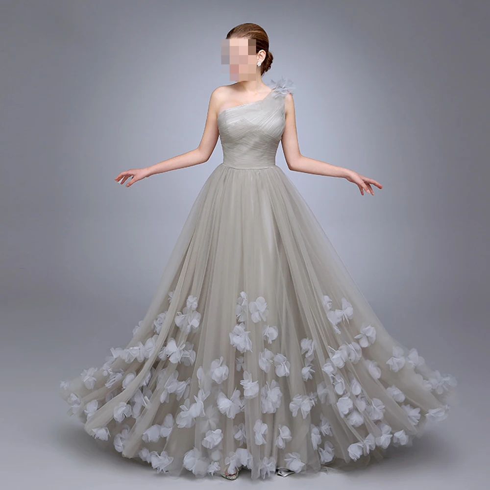 Ladies Popular Dress A Line robe de soiree One Shoulder vestido festa longo Flowers Prom Tulle Long Bridesmaid Dresses | Свадьбы и