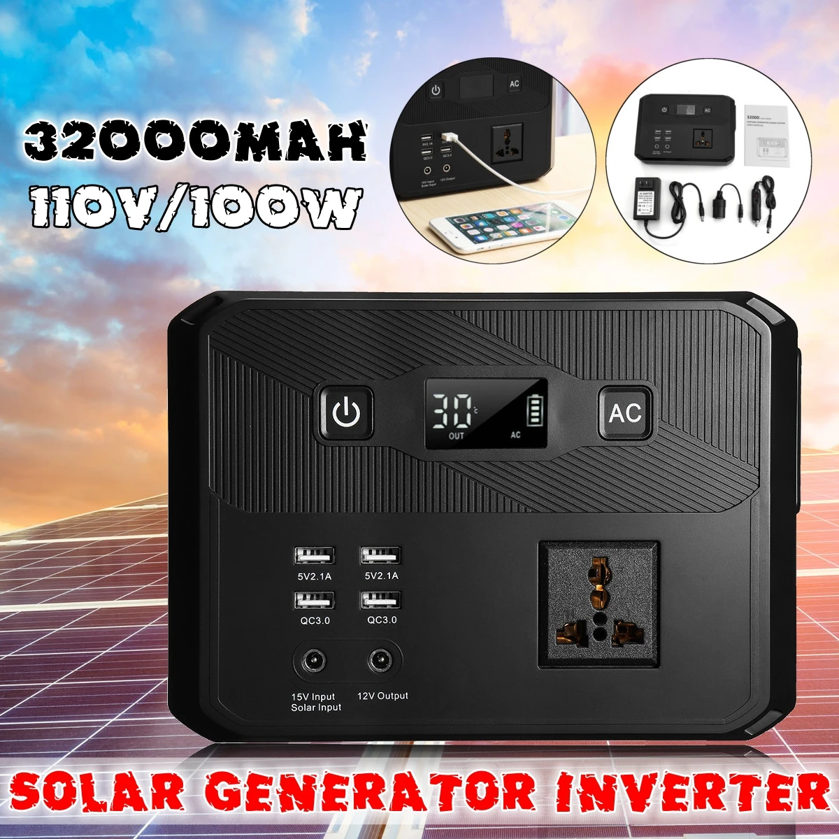 

110V 120Wh 32000mAh 100W Energy Storage Portable Power Solar Generator Inverter faster USB charger