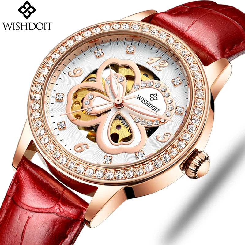 

WISHDOIT Fashion Elegant Women Mechanical Wrist Watch Leather Watchband Female Automatic Clock Crystal Decoration Skeleton Dial