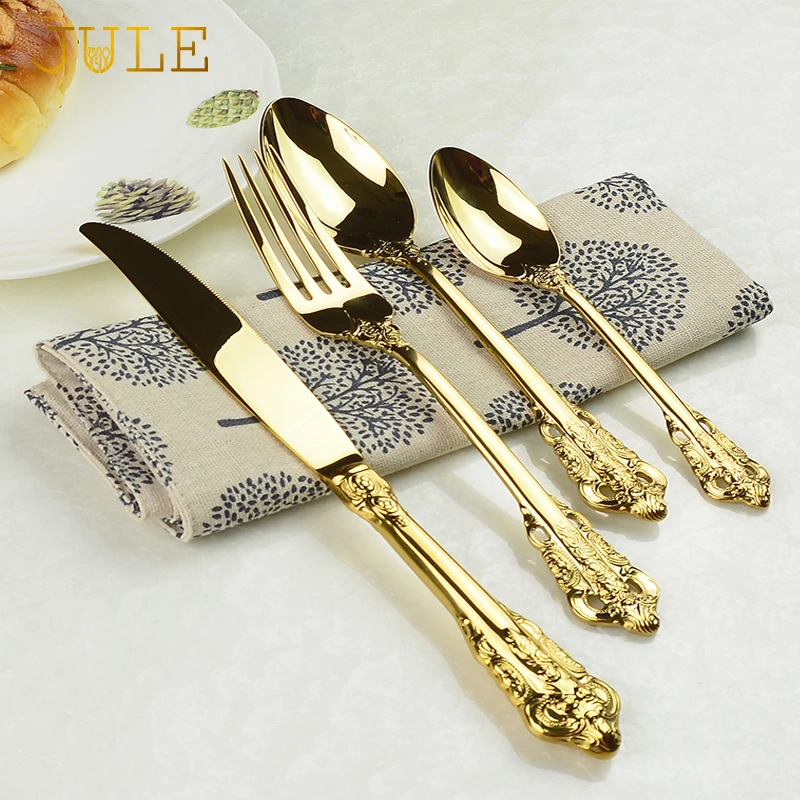 24PCS Tableware Gold Cutlery Set Dishes Dinnerware Set Knives Forks Spoons Model