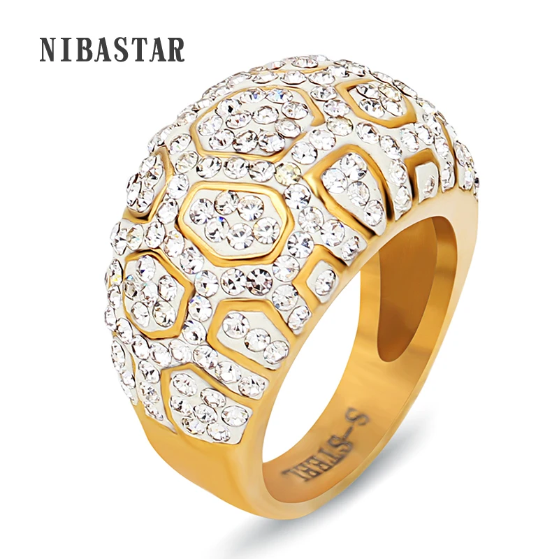 Gold color rings stainless steel ring finger ring gold color ring wedding rings wedding ring genuine gold color crystal pave stainless steel for women wedding brand fashion