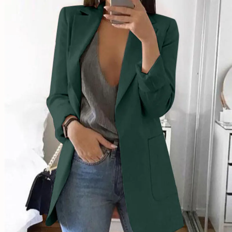 Autumn Office lady Long Slim Blazers Suit Women white Notched Blazer Coat Casual elegant long sleeve Female Business suit - Цвет: Dark green