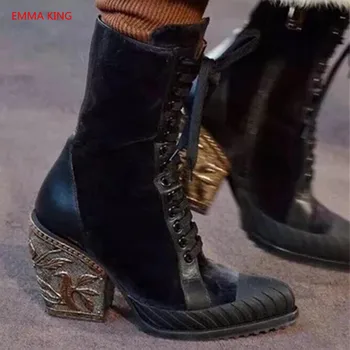 

Botas Mujer 2019 Runway Women Shoes Ankle Boots Pointed Toe Lace Up High Heels Metal Heels Booties Woman Winter Martin Boots