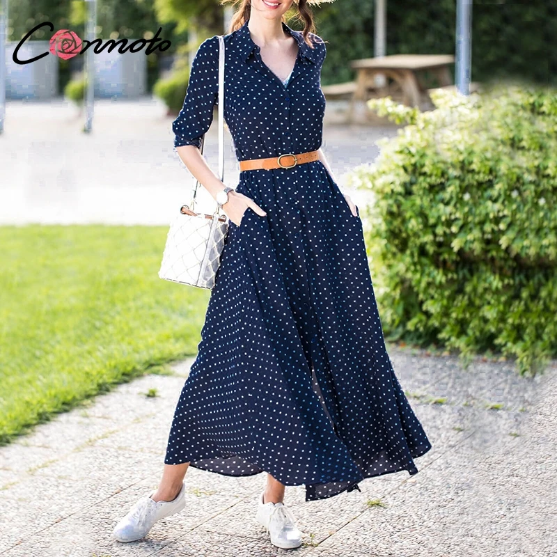 

Conmoto Casual Polka Dot Shirt Long Dress Women 2019 Spring Stand Collar Dress Vintage High Waist Sashes Dress Plus Size Vestido