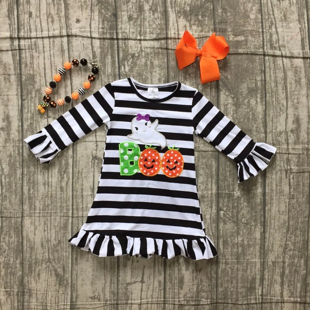 baby girls Fall dress Halloween dress children girls black stripes Boo with ghost dress children boutique dress with accessories black dress with cold shoulder
