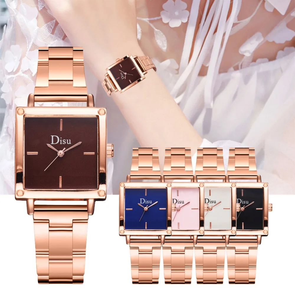 DISU High Quality Watch for Women Alloy Steel Strip Women Bracelet Watch Exquisite Square Dial Clock Quartz WristWatch Reloj