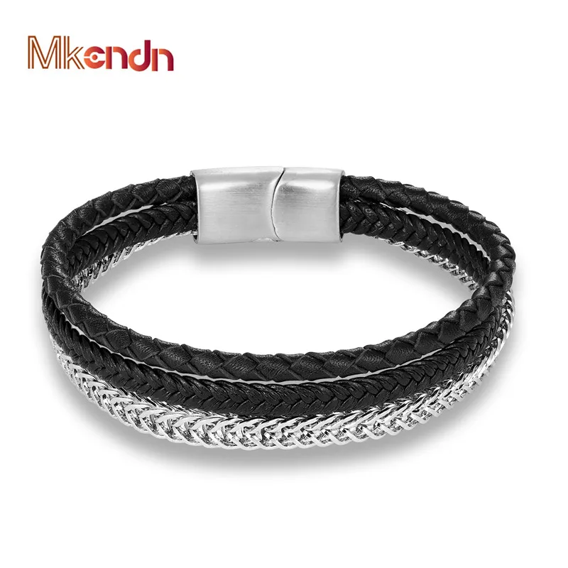 

MKENDN New Fashion Multilayer Braided Vintage Leather Bracelets Men Women Stainless Steel Locomotive chain Punk Jewelry Pulseras