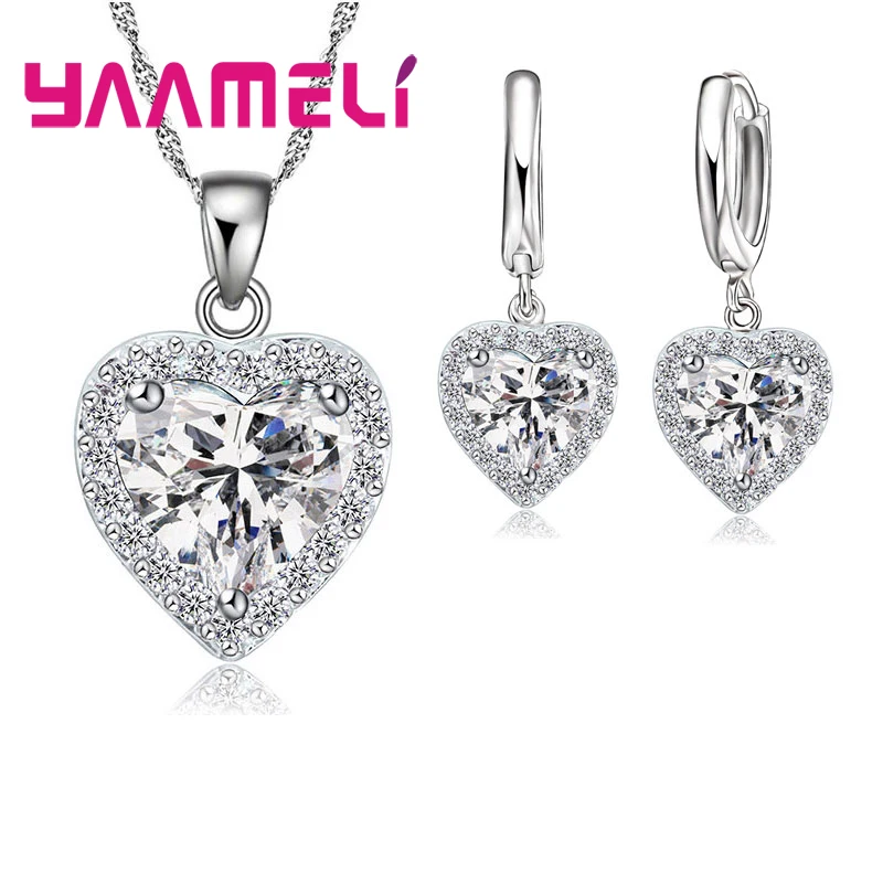 

Romantic High Quality 925 Sterling Silver Clear Cubic Zirconia Heart Shape Pendant Earrings Necklace Jewelry Sets For Women