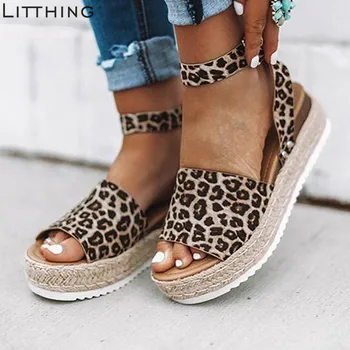 

Litthing Ladies Sandals Shoes Women Summer Fashion Sandals Leopard Retro Strap Wedges Peep Toe Sandals chaussures femme