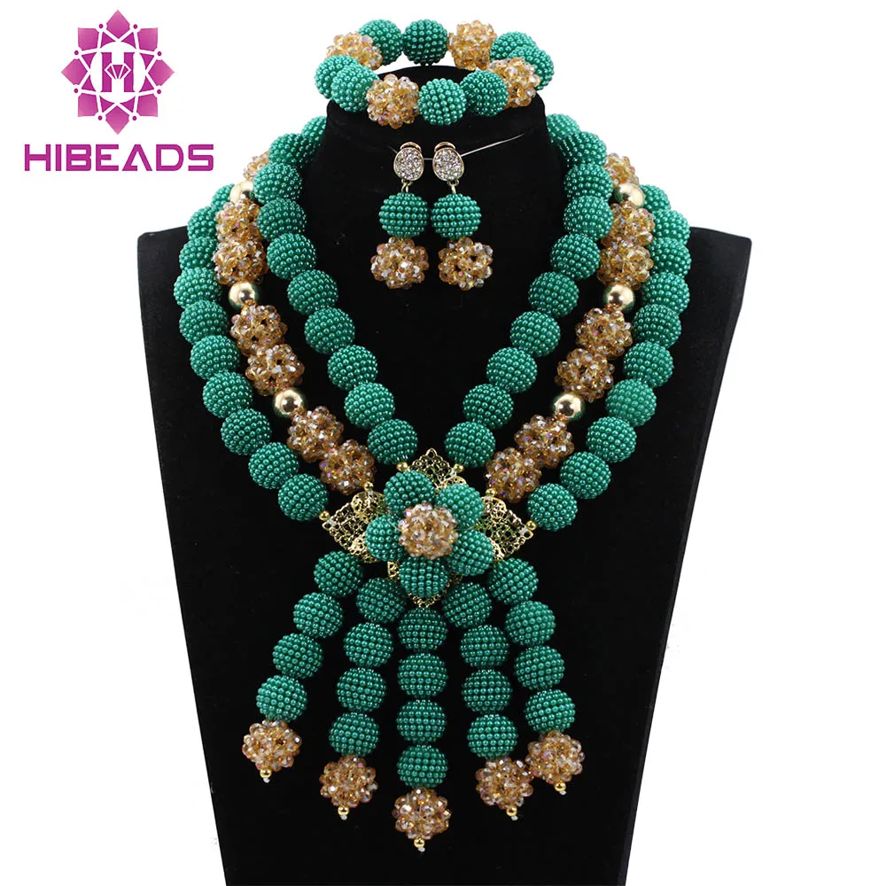 New Green/Gold Statement Necklace Set Teal Costume Jewelry Set Nigerian
