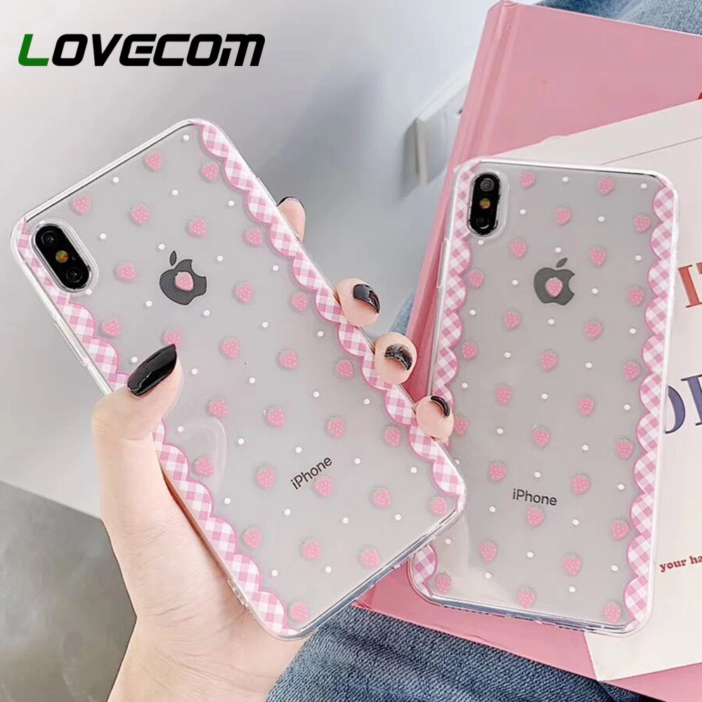

LOVECOM Girl Pink Strawberry Transparent Case For iPhone X XS Max XR 7 8 Plus Soft TPU All Inclusive Protector Ultra-thin Cover