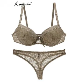 

Sexy Lace Bra Thong Sets Plus Size 80 85 90 95 100 Large Cups Push Up Bra Set Printing Rhinestone Intimates Underwear Women Set