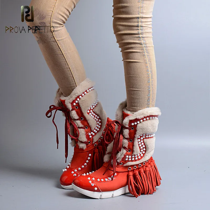 Piel Bota Cuero red Dulce Prova Borlas Perfetto Mujeres Remache Moda Pink black Genuino Botas Cuñas Nieve Rosa De Con Punta I8wFzq