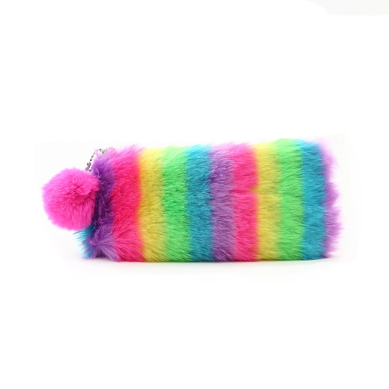 Многоцветная Радужная сумка для макияжа для женщин для девочек школьный пенал кроличий мех мяч косметическое хранение помпон кожаный мини-кошелек
