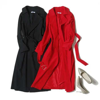 

Veydu Elegant Women V-neck Belted Long Sleeve Casual Loose Open Stitch Long Trench Lady Vintage Overcoat Femme Spring Outwear