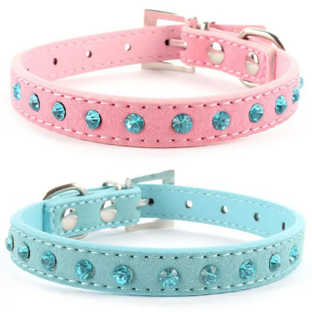 Pet Beads Crystal Rhinestone Dog Collar Luxury Sparkly Blue Diamond Studded Flocking Leather