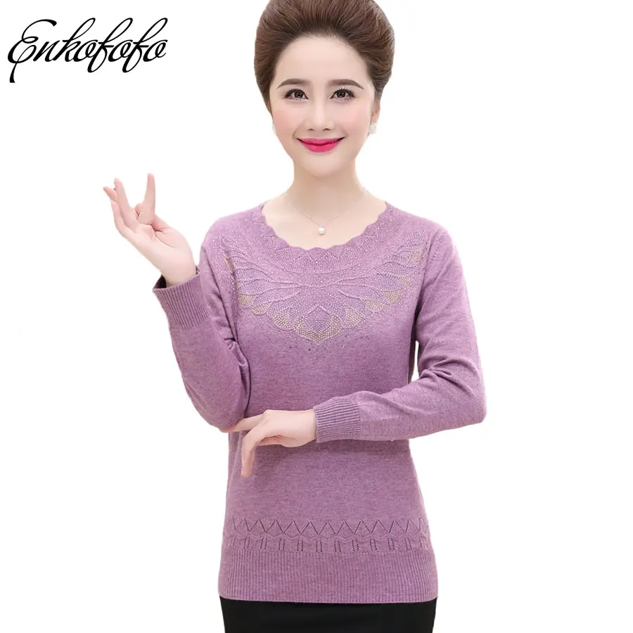 

New 2018 Spring and Autumn Mother Clothing Middle-aged Women's Long-sleeved Diamonds Loose Crew Neck Knit Women Pullover Sweater