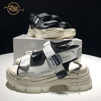 

RY-RELAA women sandals 2018 fashion wedges shoes for women Genuine Leather flat sandals summer clear high heels for women ins
