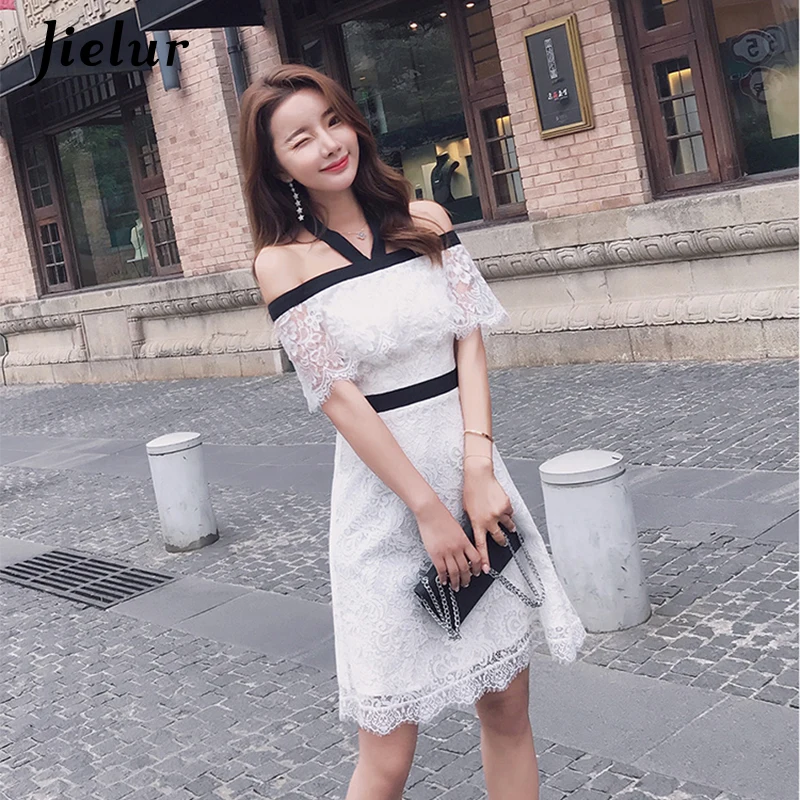 

Jielur Dress Women 2019 New Lace Halter Cloak Sleeves Off Shoulder White Vestidos Mujer Korean Sweet Elegant Fashion Robe Femme