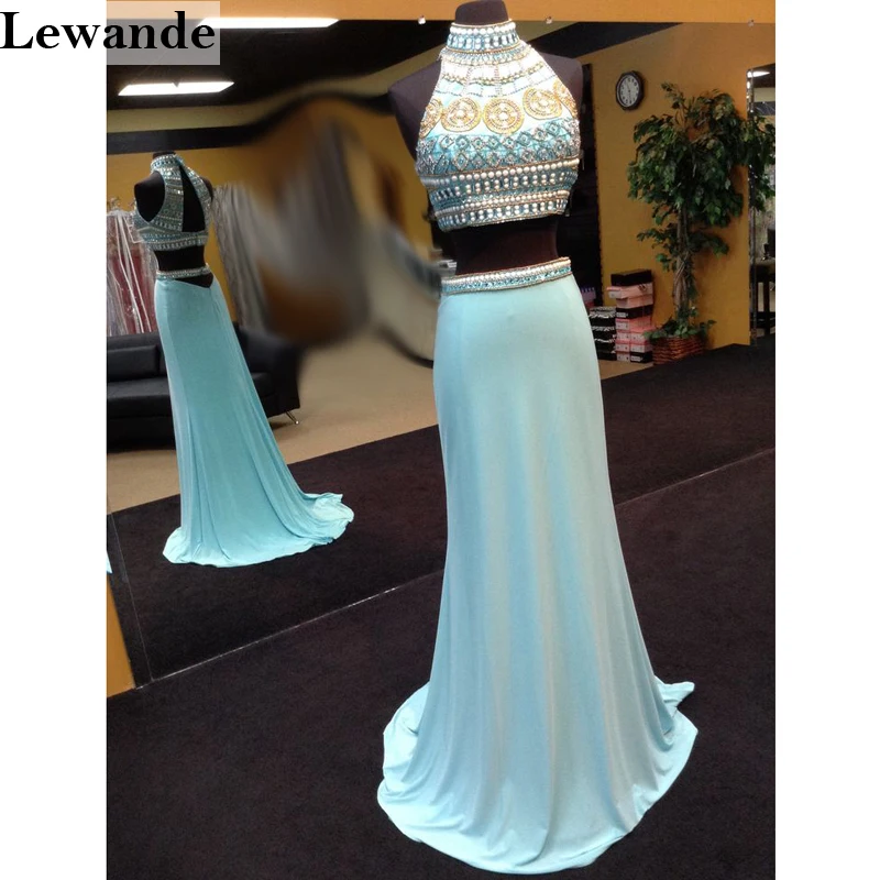 Lewande 11068 Aqua Multi Beaded Two Piece Prom Dress Jersey Halter Elegant 2PC Sexy Pageant Evening Gown | Свадьбы и торжества