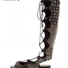 Лето г. Новая мода полный заклепками женские ботинки со шнуровкой пикантные туфли с открытым носком женские ботфорты-гладиаторы Сапоги и ботинки для девочек Slingback сапоги на плоской подошве