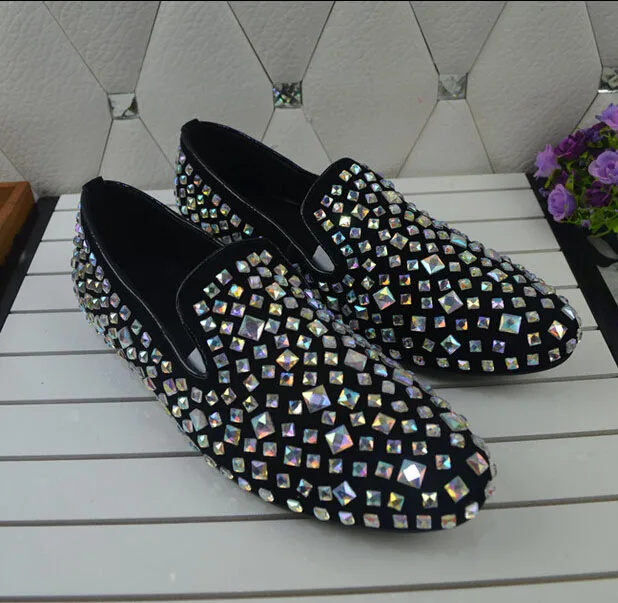 Latest shiny crystal men wedding shoes slip-on flat heel shoes for men round toe casual shoes hot selling loafers size 38 to 46