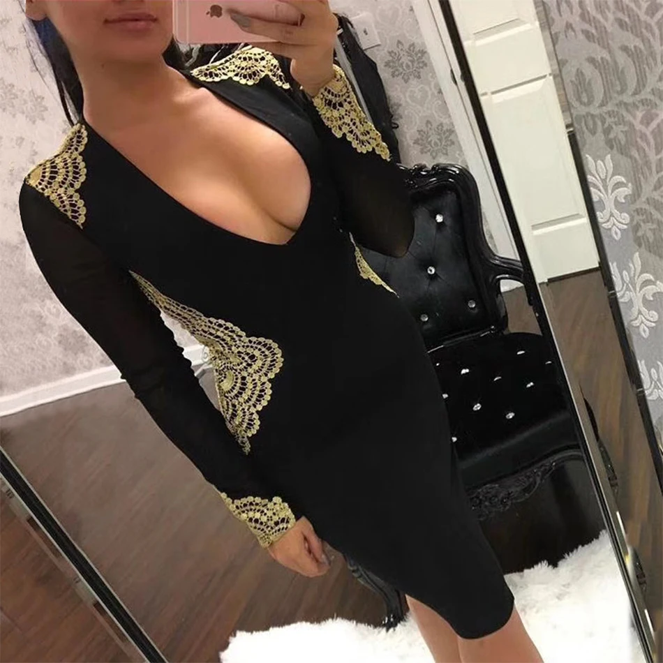 2018 Newest Summer Bandage Dress Women Celebrity Party Long Sleeve V-Neck Embroidery Sexy Night Out Dress Women Bodycon Vestidos (7)