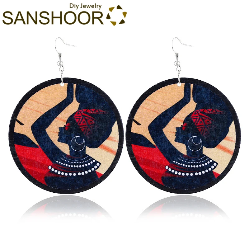 

SANSHOOR Printed African Woman Headwrap Round Natural Hair Afro Wooden Earrings For American Indian Blacks Girls' Gifts 1Pair