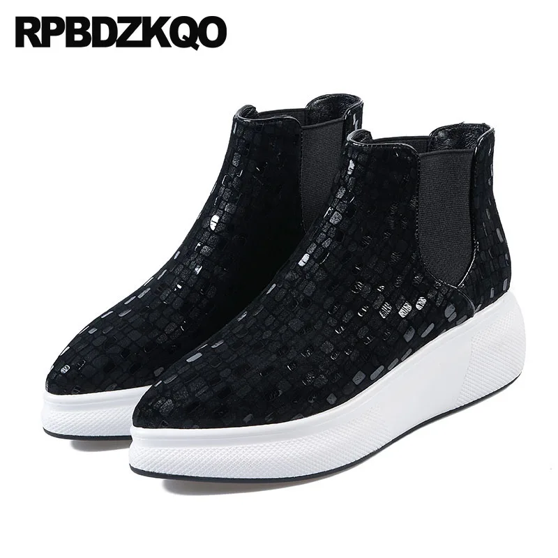 

chelsea black shoes wedge pointed toe ankle slip on casual women boots medium heel fur muffin sneakers suede winter flatform new
