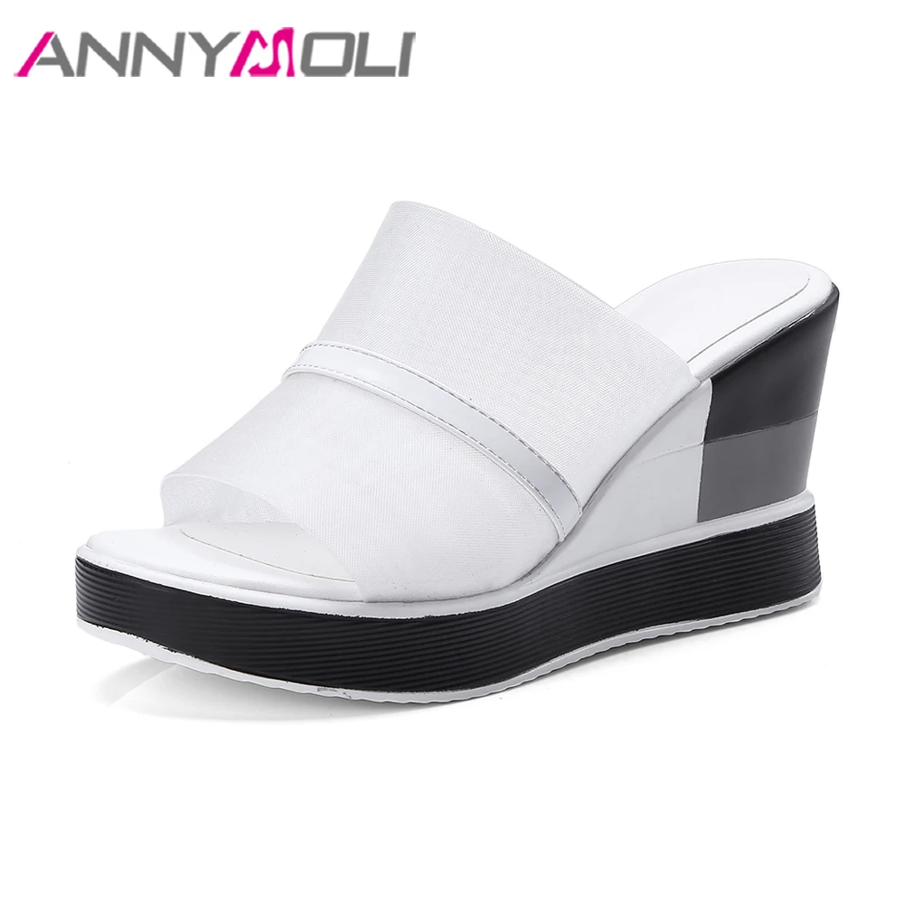 

ANNYMOLI Big Size 43 Women Shoes 2018 Summer Platform Sandals Wedges High Heels Sandals Mesh Slip On Peep Toe White Black Shoes
